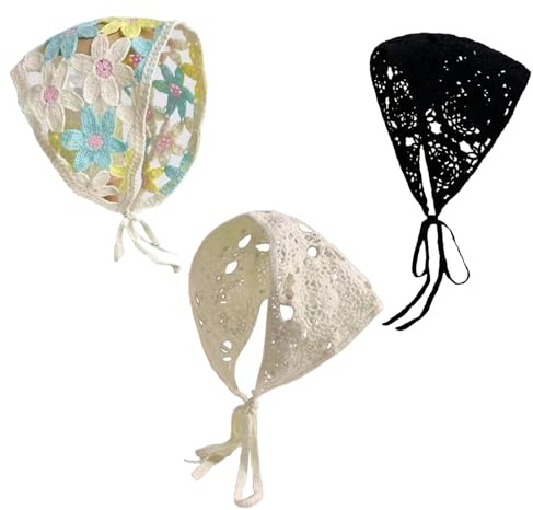 FENGCHUANG 3 Pezzi Bandana Capelli All'uncinetto Vintage, Boho Accessori Per Capelli, Foulard Triangolare, Accessori per Capelli Lavorati a Maglia con Motivo Floreale per Donna&ragazze