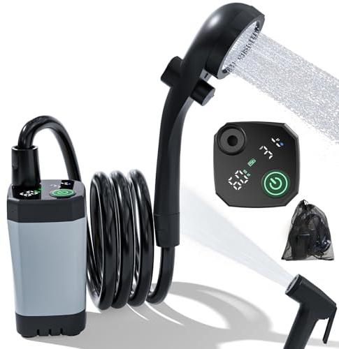 BIGCOW Portable Camping Shower, 6000mAh Rechargeable Outdoor Shower Pump, Digital Display, IPX7 Waterproof, with Shower Head and Bidet Sprayer for Hiking, Car Wash, Pet Bath (Grey)