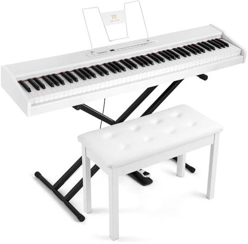 MUSTAR 88 Key Piano Keyboard with Piano Bench, Digital Piano 88 Semi Weighted Keys for Beginners, Portable Electric Piano Keyboard 88 Keys with Case, Sustain Pedal, USB/MIDI, Built-In Speakers (White)