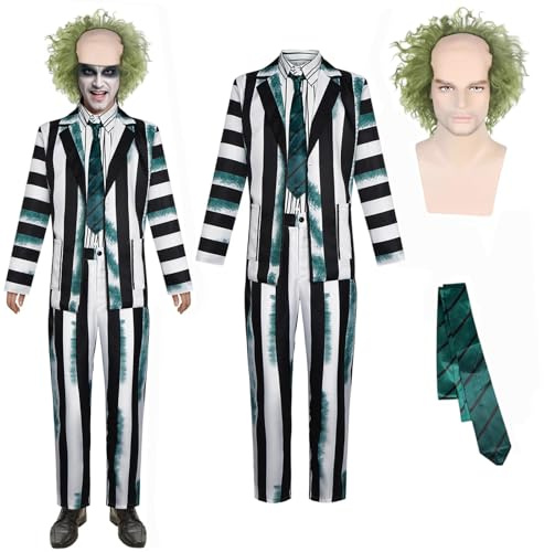 Antsparty Men Black and White Striped Suit, Scary Halloween Costumes Set with Coat Trousers Wig Tie, Men Scary Halloween Outfit