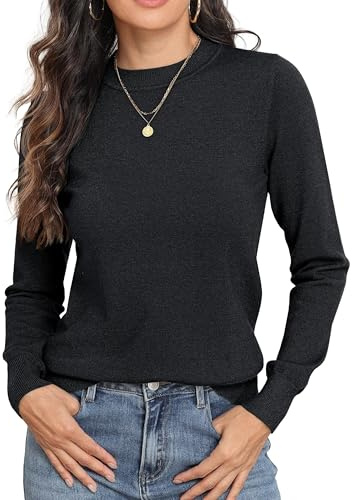 GRECERELLE Suéteres para mujer de punto suave, cuello redondo, manga larga, básicos, para otoño, invierno, primavera, tops para damas, Negro, M