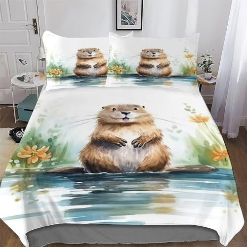 AASWSWW Beaver Duvet Cover Soft Cosy Quilt Cover Bedding Sets 3 Pieces With Pillowcase Easy Care Comforter Cover for Kids Adult King(220x240cm)