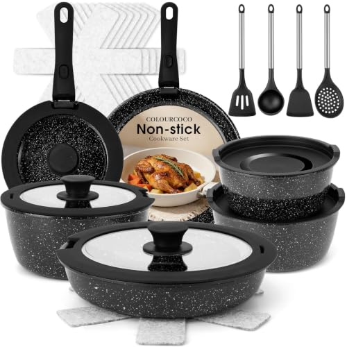 Colourcoco Set Pentole 25 Pezzi Induzione – Rivestimento Antiaderente Con Manico Rimovibile, Resistente Al Forno E Adatto A Tutti I Piani Cottura – Ideale Per Casa, Campeggio E Picnic (Nero)