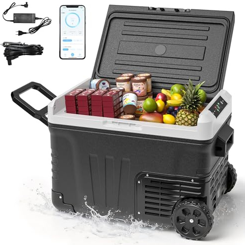 EUHOMY 35L Kompressor Kühlbox, Auto-Kühlschrank mit APP, Tragbarer Gefrierschrank 12V/24V DC & 220-240V AC, Kühlschrank -20℃~20℃, Kühlbox mit Rollen & 2 Körben für Reisen, Camping