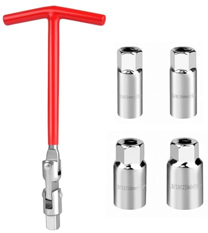 SCBOY Juego de Llave bujias 5 Piezas Color Rojo Llaves universales para bujías con Mango en T Aptas para la mayoría de Coches Motos y cortacéspedes etc(14/16/18/21 mm)