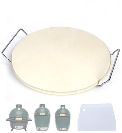 BBQ Future 12 inch Pizza Baking Stone for Big Green Egg Medium/Small/MiniMax & Kamado Grill – Ceramic Pizza Stone with Stainless Steel Wire Frame & Plastic Scraper, Heat Deflector for Outdoor Cooking