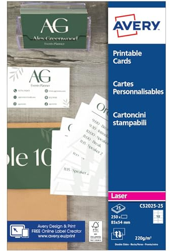 Avery Italia C32025-25 Biglietto da Visita con Angoli Arrotondati, Stampabile Fronte/Retro, 10 Biglietti per Foglio, Confezione da 25 Pezzi, Bianco