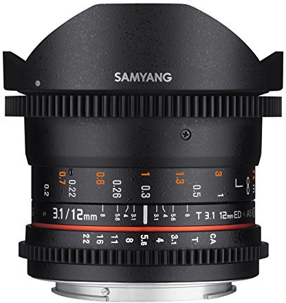 Samyang F1312105101 - Objetivo para vídeo VDSLR para Sony A (Distancia Focal Fija 12mm, Apertura T3.1-22 ED AS NCS, Ojo de pez), Negro