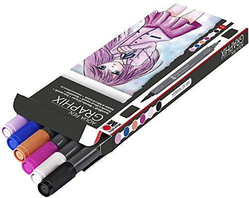 Marabu 0145000000101 - Aqua Pen Graphix, Ma Ke Manga, 6 Aquarellfilzstifte im Set mit brillanter Farbe, wasserbasierte Tusche, Doppelspitze, aquarellierbar auf Aquarellpapier