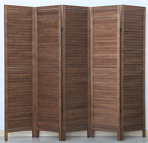 Paravent persienne de 5 pans en Bois, Coloris Brun - Dim : H170 x L200cm - PEGANE -