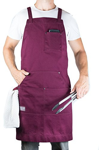 Hudson Durable Goods Professional Grade Chef Apron for Men and Women, 100% Cotton Work Apron for Kitchen, BBQ, and Grill with Large Pockets for Tools, Towel Loop, Crossback Design - One Size, Red