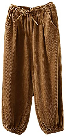 FTCayanz Pantaloni Donna Cotone Vita Elastica Velluto a Coste Pantaloni Ampia Leg Baggy Harem con Tasche Marrone XXL