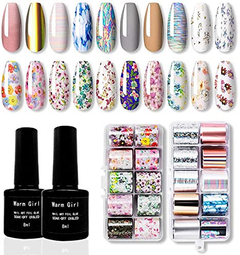 Warm Girl Nail Art Stickers Glue Gel Set, 20 rolls Laser Tie-dyes Transferfolie mit Klebegel, Nail Transfer Foil für Gel Nail DIY, LED Lamp erforderlich