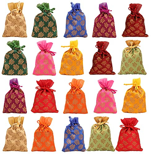 Touchstone Drawstring Bags Traditional Indian Handcrafted in Mimosa leaf Pattern Brocade fabric. Perfect for Gifts Jewelry Weddings Sweet Distribution Set of 20 Vibrant Multicolor Pouches Purses Potli