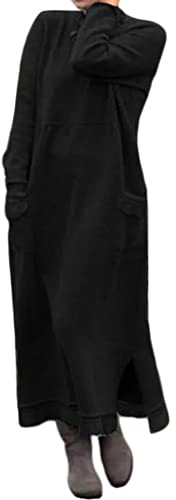 shownicer Femmes Pull Robe Col Rond À Manches Longues Baggy Maxi Robe Vintage Solide Ample Hiver Chaude Robe avec Poche A Noir XL