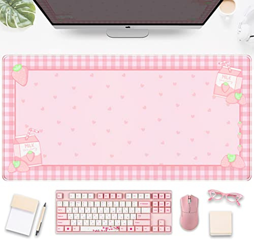 Söta rosa rutiga skrivbordsmattor jordgubbsmjölk spelskrivbordsdyna, Kawaii utökad musmatta Kawaii stora tangentbordsmattor XXL, laptopmatta för skrivbord, skrivbordsmatta musmatta kontorsdekor för