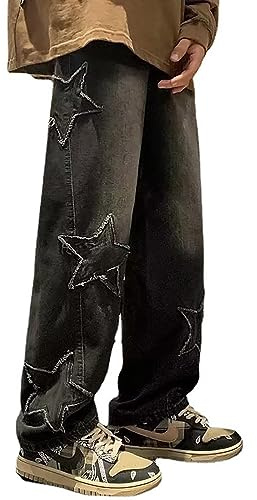 Jeans för Män Stjärntryck Jeans Patchwork Jeans Baggy Hip Hop Jeans Vintage Y2K Raka Ben Streetwear Mode Dans Skater Skateboard Byxor