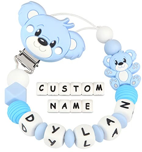 Kowlone Schnullerkette mit Namen Jungen mädchen Personalisiert Teddy Bär Schnuller Clips Halter(Hellblau)