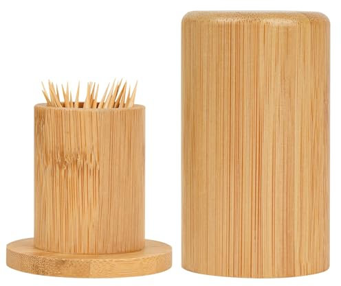 SHIDOW Toothpick Holders, Bamboo Toothpick Dispenser Box, Wooden Reusable Toothpick Holder Home Living Room Cotton Swab Storage Tank. (Round light wood color)