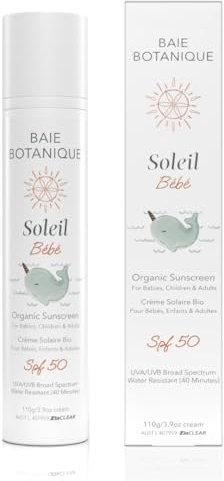 Baie Botanique NOVITÀ - Soleil Bébé - Crema solare minerale biologica non tossica per neonati e bambini SPF 50 - Girasole e jojoba - Senza profumo - Naturale - Vegano - Senza dominante bianca - Sicuro