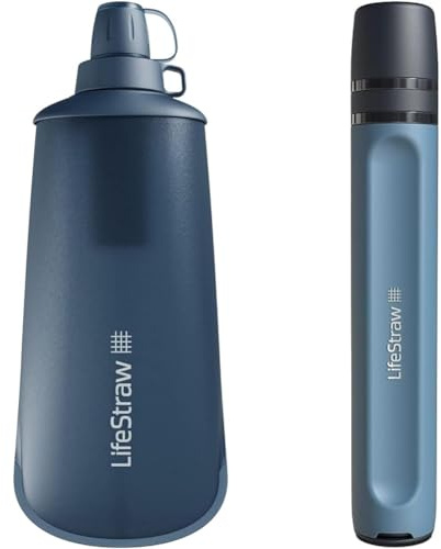 LifeStraw Peak Series - Collapsible Squeeze Bottle Water Filter System & Peak Series - Personal Water Filter Straw for Backup Filtration, Emergency, Survival, and Ultralight Hydration, Mountain Blue
