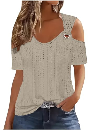 Uwdiohq Bluse E Camicie Primavera Parti Superiori di Estate per Le Donne 2024 Spalla Fredda Manica Corta Magliette Solido Anello Casual Hollow Top Camicie di Base Tees Abbigliamento per
