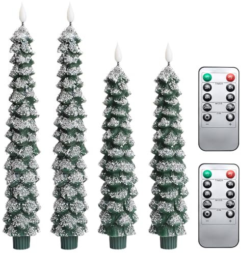 MUMCHASI 4 Pcs Flameless Taper Candles, Christmas Tree Candles with Remote, Battery Operated Candlesticks, Flickering LED Window Candlelights Real Wax Christmas Candlesticks H9.45,11.4”Green