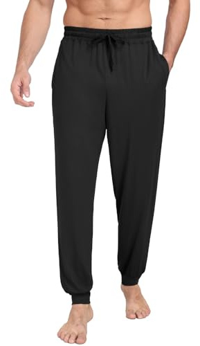 PrinStory Mens Pyjama Bottoms Knit Pjs Bottoms Soft Men Pyjama Pants Comfy Lounge Pants With Pockets Pyjamas Trousers (Black, L)