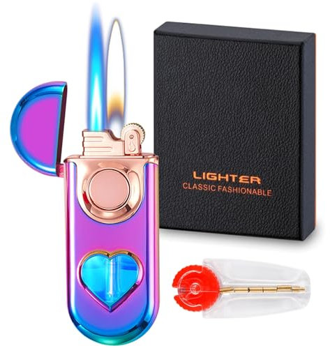 Jet Lighter with 6pcs Flint Stones, Adjustable Windproof Dual Flame (Jet & Soft) & Visible Gas Window, Refillable Butane Lighter for Outdoor Indoor (Without Butane)-Rainbow