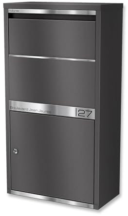 Metzler Buzón y caja para paquetes, inoxidable y macizo, XXL, moderno, con cerradura de cilindro, caja de correo en DB 703 Eisenglimmer con nombre grabado, modelo Avalon 1