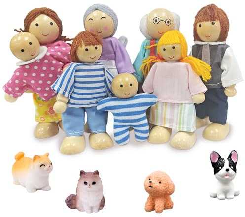 Ruikdly Muñecas de Madera para Casa de Muñecas,12 Piezas Juego de Familia de Muñecas de Madera para Casa de Muñecas con Gato y Perro,Figuras de Muñecas Doblables para Casa de Muñecas Accesorios de Reg