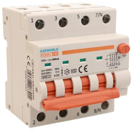 A2ZWORLD Interrupteur magnétothermique différentiel triphasé, type A 300mA, RCBO Classe A 4P C40 40A, courbe C 3P+N 6000A, occupe 4 modules DIN, AC 400V IP20