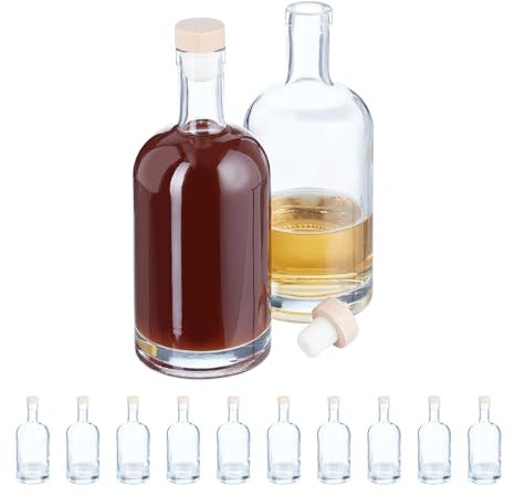 Relaxdays Botellas Cristal Vacías, Pack de 12, 500 ml, con Corcho, Aceiteras, para Licor, Vinagre, Vino, Transparentes, Plástico, Vidrio