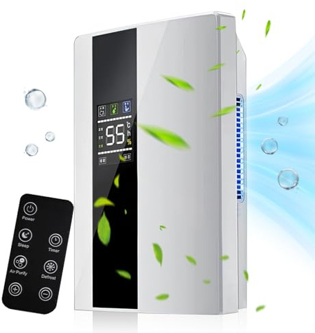 Deshumidificador eléctrico,Deshumidificador y purificador de aire 2 en 1,silencioso para el hogar - pantalla LED, control inteligente de humedad, temporizador 24h,Control remoto