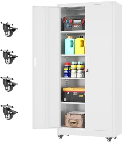 INTERGREAT Metal Storage Cabinet with Wheels, 73 Garage Storage Cabinet with Door and 4 Shelves, Tool Cabinet on Caster for Home, Office, White