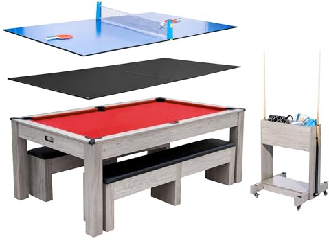 7FT 3-in-1 Pool Table with Dining Top & Table Tennis | Billiard Table Set with Accessories (Balls, Cues, Ping Pong) | HDF Wood Grain Finish | Includes Rolling Storage Caddy