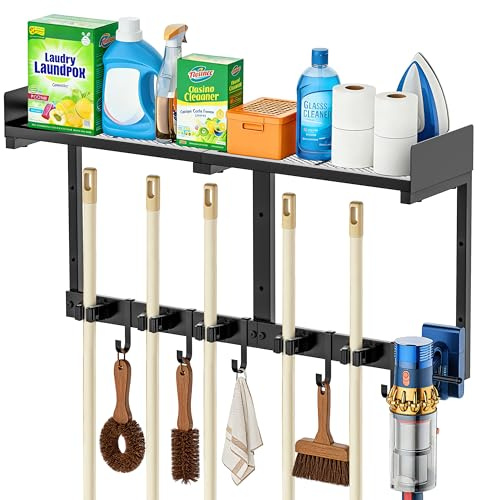 HUFAND Broom Holder Wall Mount, 27 Large Mop and Broom Organizer Wall Hanging with Top Storage Shelf & Vacuum Hook, Heavy Duty Iron Utility Rack for Laundry Room, Garage, Kitchen, Garden - Black