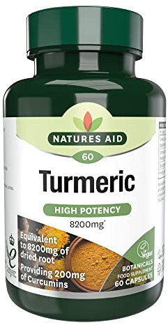 Natures Aid Curcuma 8200 mg de, extrait à haute efficacité et plante entière, 200 mg de curcumine, convient aux végétaliens, 60 capsules