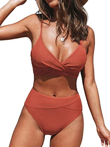 CUPSHE Damen Bikini Set Crossover Bustier High Waist Bikini Bademode Elegant Zweiteiliger Badeanzug Swimsuit Ziegelrot L