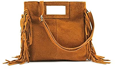 MODELISA - Bolso Bandolera De Mano Con Correa Al Hombro Con Flecos Piel Made In Italy Mujer (Marrón)