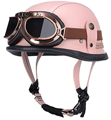 Open-Face Motorradhelme Vintage Leder Motorradhelm mit Brille, hübscher und sicherer Helm für Damen und Herren (Rosa, L)