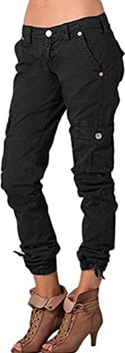 ORANDESIGNE Pantalon Femme Cargo Fuselé Slim Fit Crayon Chic Pantalon avec Multi Poche Carotte Casual Boyfriend Pantalon de Loisirs Cargo Pants A Noir L
