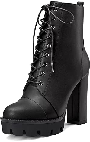 Castamere Femmes Haut High Talon Heel Plate-forme Bloc Chunky Rond Bout Bottines Lacets Fermeture à Glissière Bottes Noir 43 EU