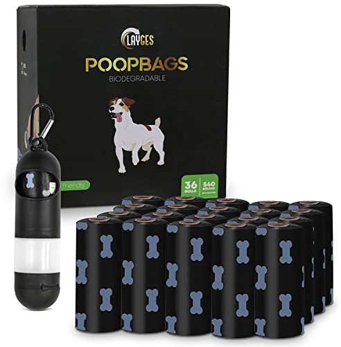 LAYGES Bolsas para Excrementos Biodegradables,36 Rollos/540 Unidades,Extra Grueso,Fuerte y a Prueba de Fugas con dispensador Bolsas para Caca de Perro olor lavanda