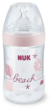 NUK Nature Sense Babyflasche, Silikon-Trinksauger, BPA-frei, Gr.M, 260ml, rosa Limited Beach Edition