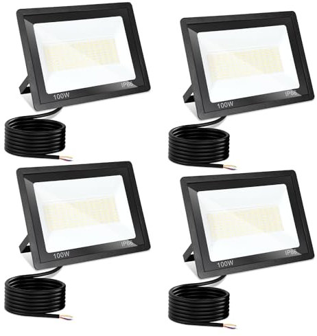 Jiubiaz LED Strahler Außen 100W, 3000K/4000K/6500K Dimmbar, Superhell Fluter Flutlichtstrahler, IP66 Wasserdicht Scheinwerfer Aussenstrahler für Hof, Garten, Garage (4 Stück)