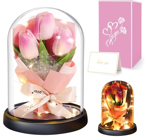 Regalo de San Valentín - Tulipanes Artificiales Regalos Originales para Mujer, Regalos Mujer Cumpleanos, Regalos para Novia Mama Abuela Hermana, Regalo Aniversario, Ideas Regalo Mujer, Rosa/Bianco