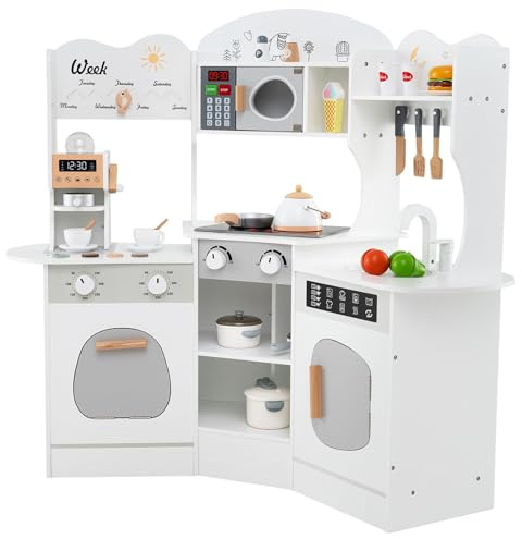 GYMAX Kids Corner Kitchen, Wooden Play Kitchen with Realistic Lights, Sounds, Coffee Maker, Microwave, Sink, Faucet & Utensils, Children Pretend Toy Kitchen Playset for 3+ Years Old (White)