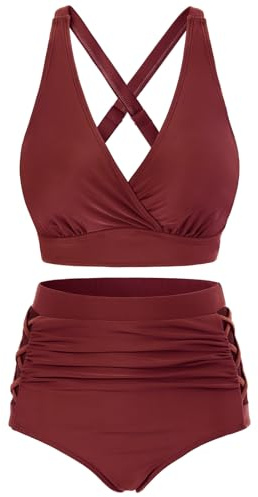 CMTOP Costume da Bagno Donna Due Pezzi Vita Alta, Scollo a V Push Up Costumi da Bagno Imbottito Reggiseno Bikini Set, Regolabile Costumi da Mare Beachwear Swimwear per Spiaggia Piscina(Bordeaux,XL)