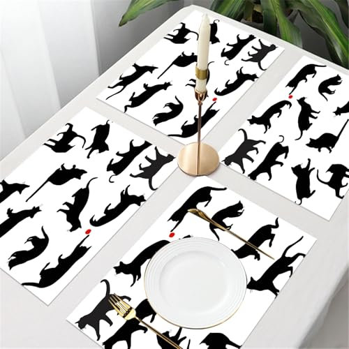 UREJD 4 Unità - 45x30 cm - Tovaglietta Lavabile,Resistente al Calore,Antiscivolo,Antimacchia per Tavolo della Cucina e Sala - Gatto, silhouette di gattino in diverse pose che gioca con la palla rossa